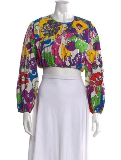 Pre-owned Rhode Floral Print Crew Neck Crop Top In White
