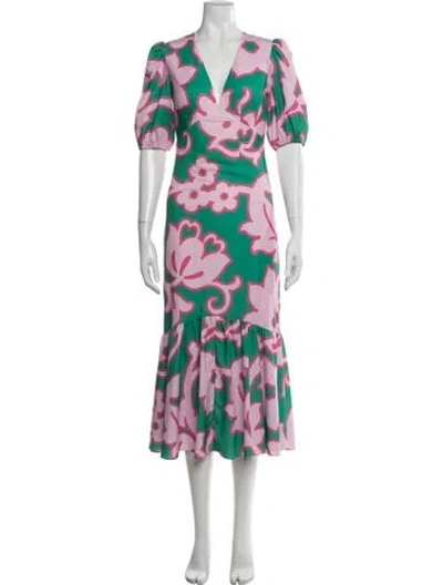 Pre-owned Rhode Floral Print Midi Length Dress In Green