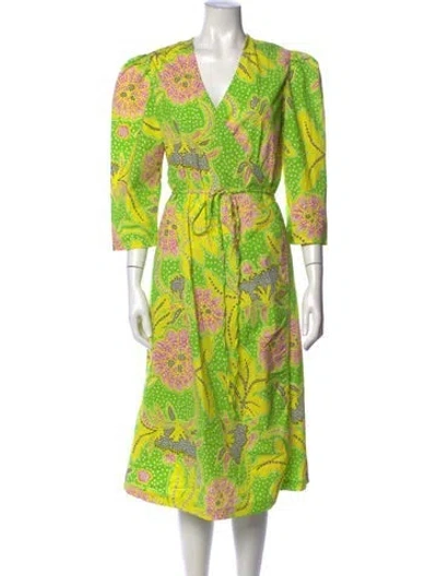 Pre-owned Rhode Floral Print Midi Length Dress In Green