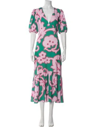 Pre-owned Rhode Floral Print Midi Length Dress In Green
