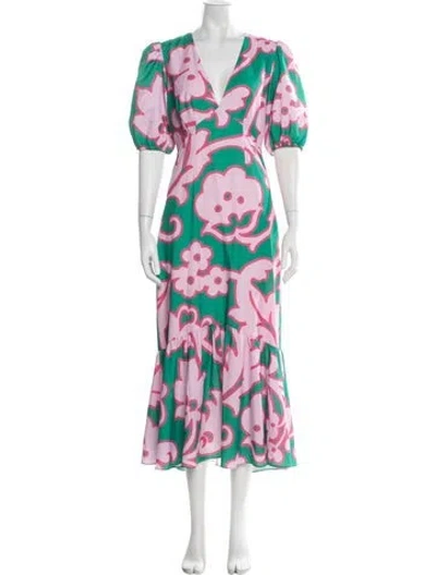 Pre-owned Rhode Floral Print Midi Length Dress In Green