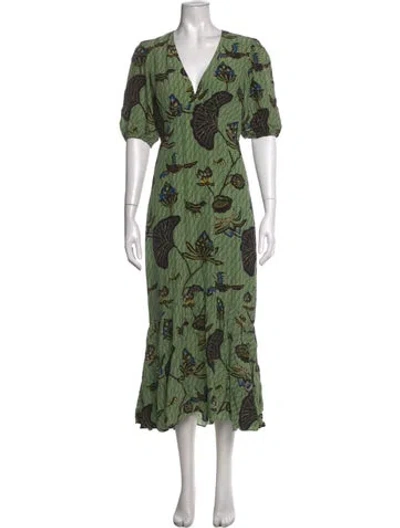 Pre-owned Rhode Floral Print Midi Length Dress In Green