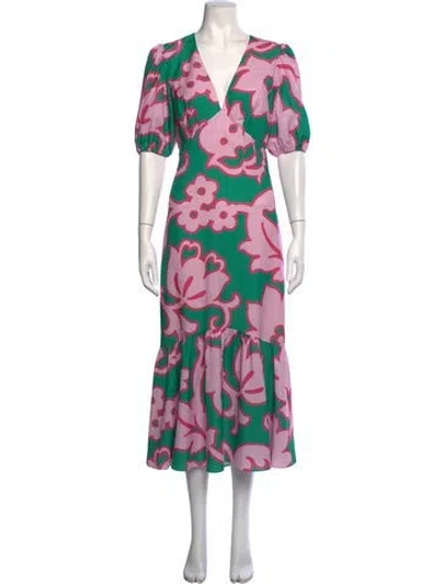 Pre-owned Rhode Floral Print Midi Length Dress In Green