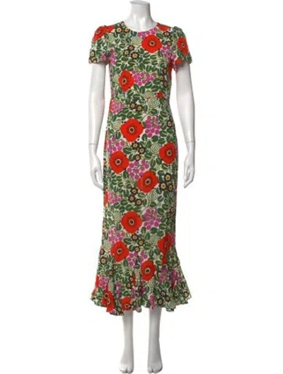 Pre-owned Rhode Floral Print Midi Length Dress In Green/orange