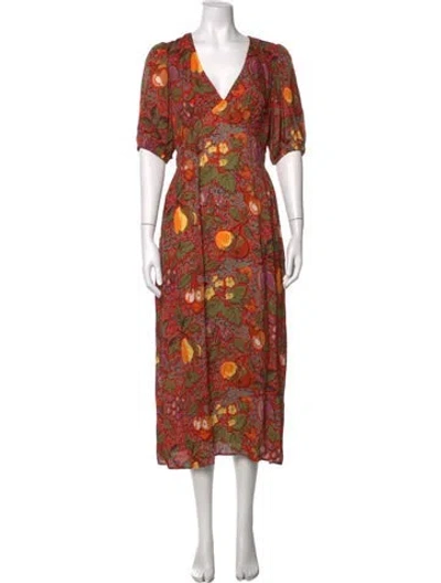 Pre-owned Rhode Floral Print Midi Length Dress In Green/red