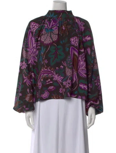 Pre-owned Rhode Floral Print Mock Neck Blouse In Black