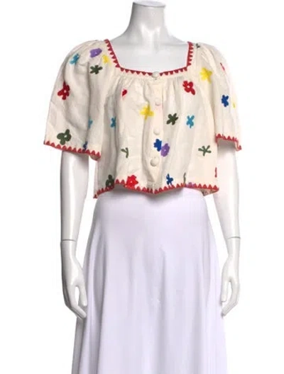 Pre-owned Rhode Floral Print Square Neckline Blouse In Neutrals/white