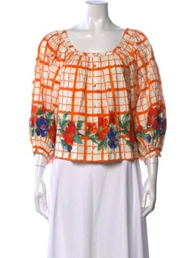 Pre-owned Rhode Floral Print Square Neckline Blouse In Orange/white