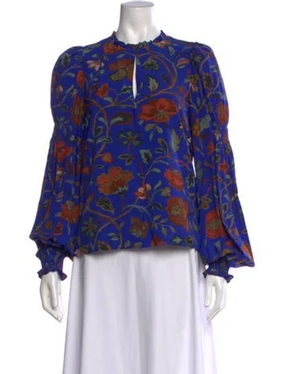 Pre-owned Rhode Floral Print Tie Neck Blouse In Blue