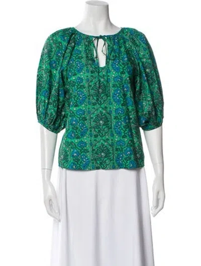 Pre-owned Rhode Floral Print Tie Neck Blouse In Green