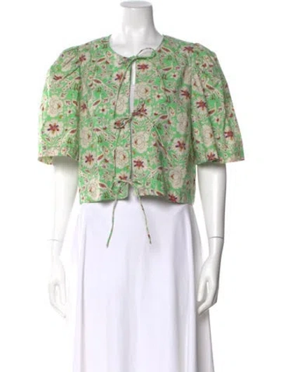 Pre-owned Rhode Floral Print Tie Neck Blouse In Green