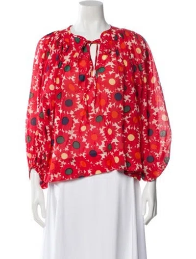 Pre-owned Rhode Floral Print Tie Neck Blouse In Orange