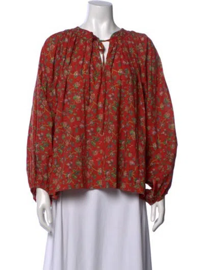 Pre-owned Rhode Floral Print Tie Neck Blouse In Orange