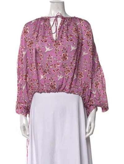Pre-owned Rhode Floral Print Tie Neck Blouse In Pink