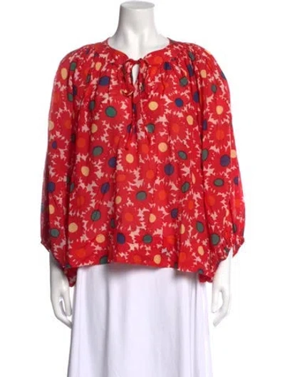 Pre-owned Rhode Floral Print Tie Neck Blouse In Red