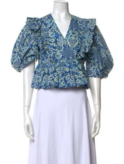 Pre-owned Rhode Floral Print V-neck Blouse In Blue