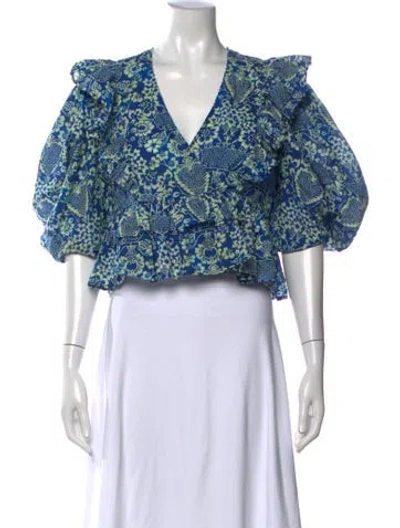 Pre-owned Rhode Floral Print V-neck Blouse In Blue