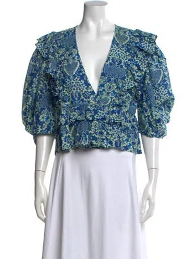 Pre-owned Rhode Floral Print V-neck Blouse In Blue