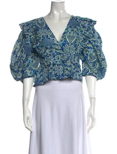 Pre-owned Rhode Floral Print V-neck Blouse In Blue