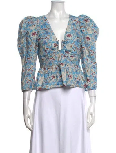 Pre-owned Rhode Floral Print V-neck Blouse In Blue