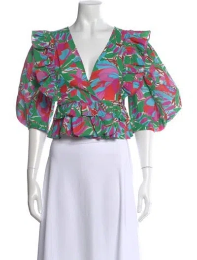 Pre-owned Rhode Floral Print V-neck Blouse In Green