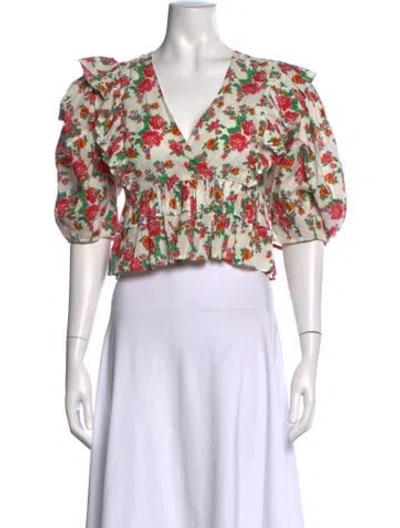 Pre-owned Rhode Floral Print V-neck Blouse In Green