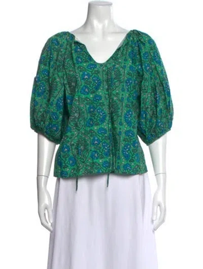 Pre-owned Rhode Floral Print V-neck Blouse In Green