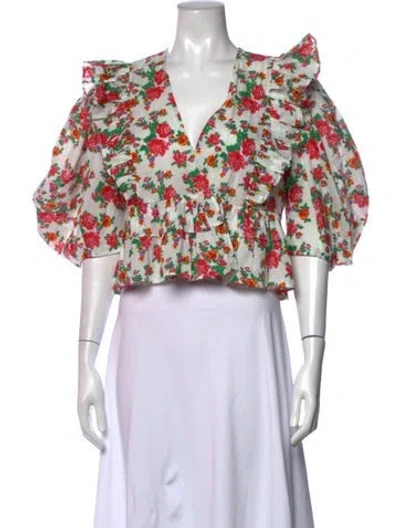 Pre-owned Rhode Floral Print V-neck Blouse In Green
