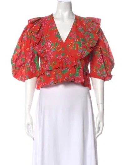 Pre-owned Rhode Floral Print V-neck Blouse In Orange