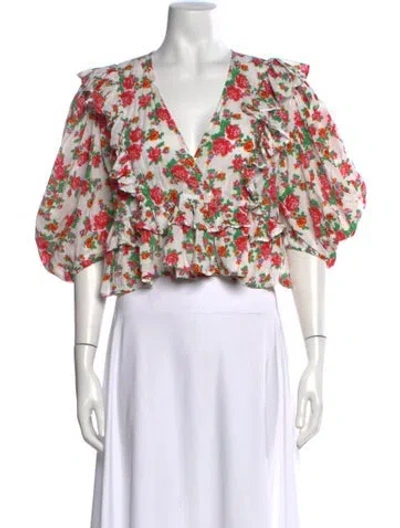 Pre-owned Rhode Floral Print V-neck Blouse In Red