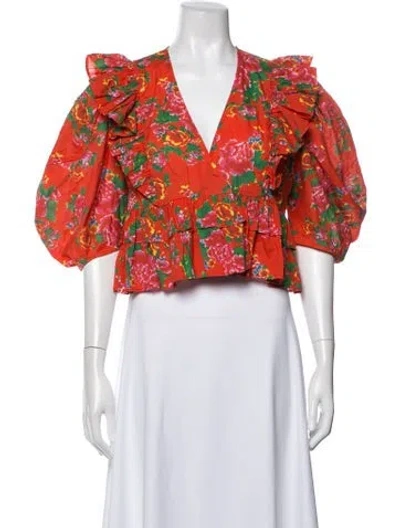 Pre-owned Rhode Floral Print V-neck Blouse In Red