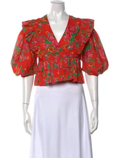 Pre-owned Rhode Floral Print V-neck Blouse In Red