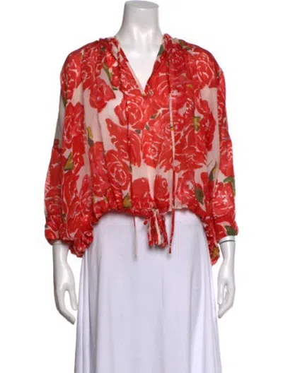 Pre-owned Rhode Floral Print V-neck Blouse In Red
