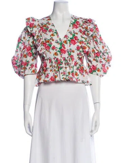 Pre-owned Rhode Floral Print V-neck Blouse In White