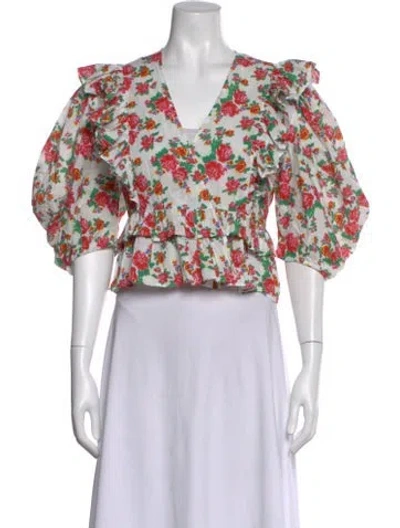 Pre-owned Rhode Floral Print V-neck Blouse In White