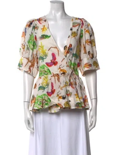 Pre-owned Rhode Floral Print V-neck Blouse In White