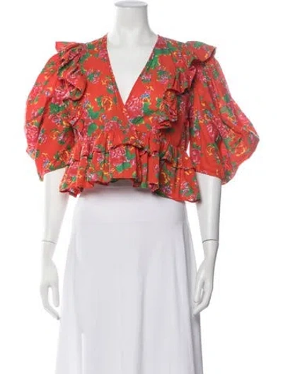 Pre-owned Rhode Floral Print V-neck Top In Red