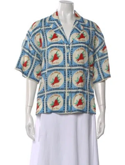Pre-owned Rhode Linen Graphic Print Button-up Top In Blue