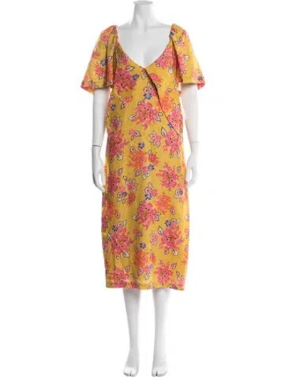 Pre-owned Rhode Linen Midi Length Dress In Yellow
