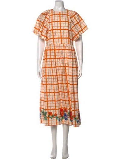 Pre-owned Rhode Plaid Print Midi Length Dress In Orange