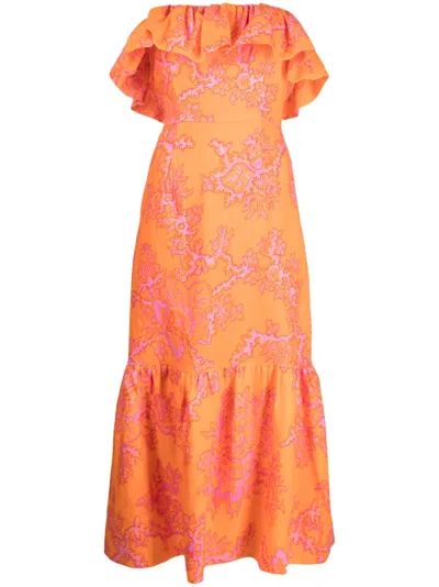 Rhode Thea Coral-print Ruffled Dress In Orange