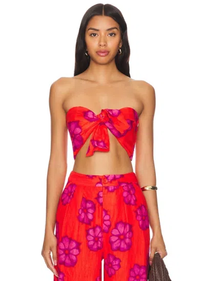 Rhode Toni Floral Linen Bra Top In Scarlet Bombay Bloom In Red