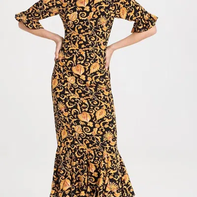 RHODE WOMEN'S FELIX DRESS, BAROQUE HEART, FLORAL, PUFF SLEEVES GOLD MIDI DRESS