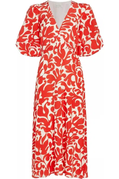 RHODE WOMEN'S INA FILIGREE MIDI-DRESS, RED CASPAIN LAGOON GRANDE