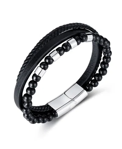 Rhona Sutton Black Leather Beaded Stainless Steel Bracelet In Multi