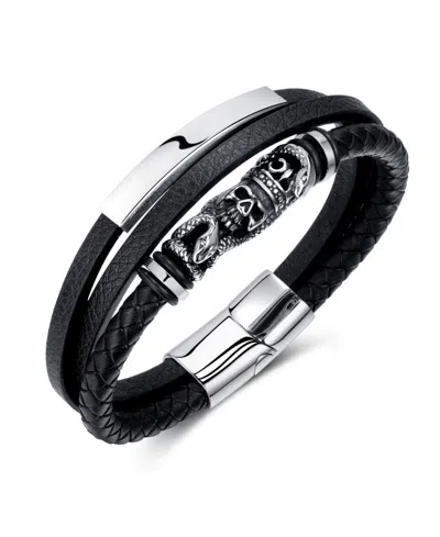 Rhona Sutton Black Skull Snake Leather Stainless Steel Bracelet In Multi