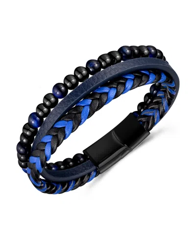 Rhona Sutton Blue Tigers Eye Weaved Leather Stainless Steel Bracelet In Multi