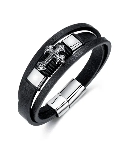 Rhona Sutton Cross Black Leather Stainless Steel Bracelet In Multi