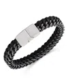 Rhona Sutton Gunmetal Chain With Black Leather Weaved. Stainless Steel Bracelet In Silver