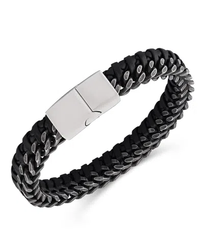 Rhona Sutton Gunmetal Chain With Black Leather Weaved. Stainless Steel Bracelet In Silver